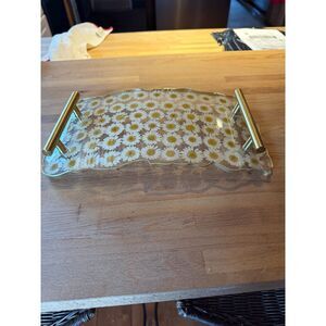 Decorative Daisy Flowers Plastic Tray 12” X 7” Curved With Gold Feet